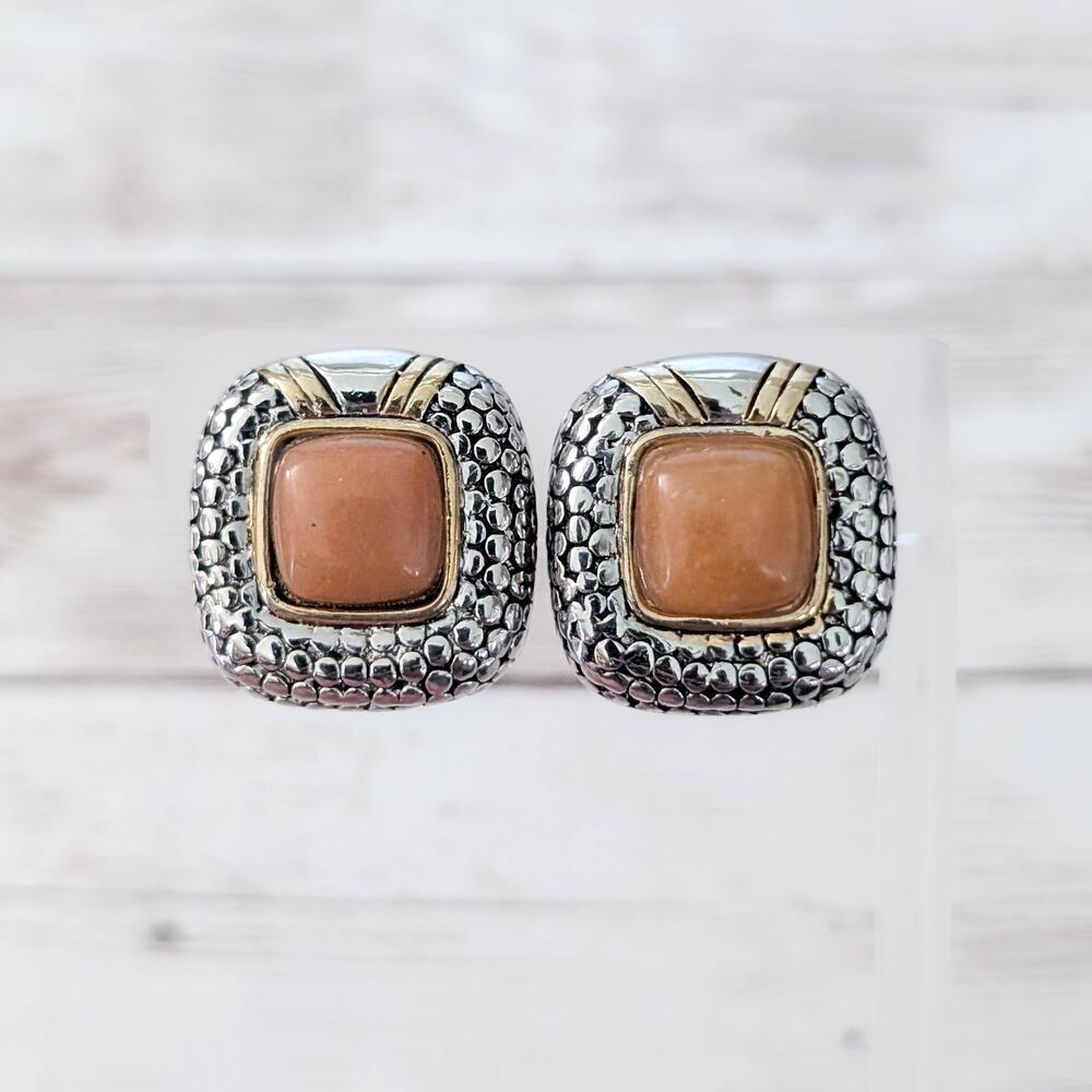 Vintage Clip On Earrings Dusky Orange, Silver Tone, Gold Tone Statement
